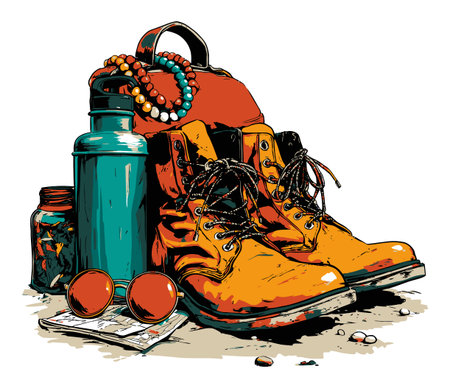 This vibrant illustration features colorful hiking boots alongside essential accessories. Perfect for outdoor enthusiasts, travel blogs, and adventure themes!のイラスト素材