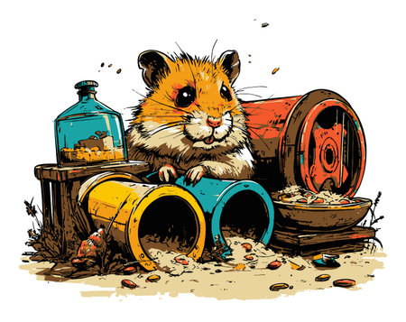 This vibrant illustration features a cheerful hamster surrounded by colorful tubes and playful accessories, showcasing the joy of pet companionship in a whimsical setting.のイラスト素材