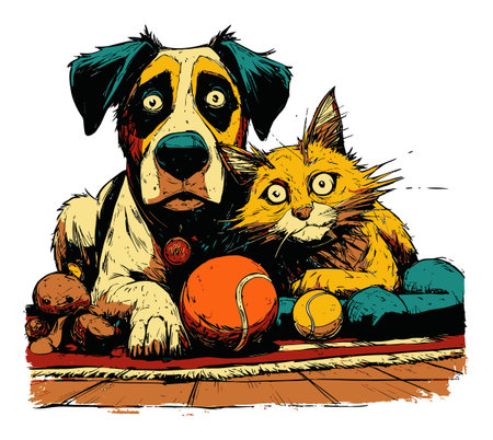 Whimsical illustration of a dog and cat sitting together, surrounded by colorful toys and balls. This playful portrayal captures the joyful bond between these furry companions in a cozy indoor setting.のイラスト素材
