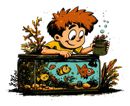A charming illustration of a boy interacting with his colorful fish tank, showcasing his joy and curiosity. This vibrant scene captures childhood wonder and the fascinating underwater world.のイラスト素材