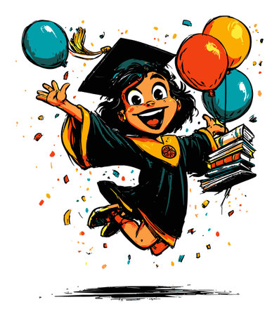 A vibrant illustration of a joyful child celebrating graduation. The character is jumping with balloons and books, surrounded by confetti, capturing the spirit of achievement and excitement.のイラスト素材