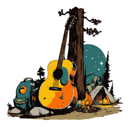Enjoy a vibrant camping illustration featuring a guitar, tent, tree, and backpack. Perfect for outdoor enthusiasts, detailing adventure and nature's beauty.のイラスト素材
