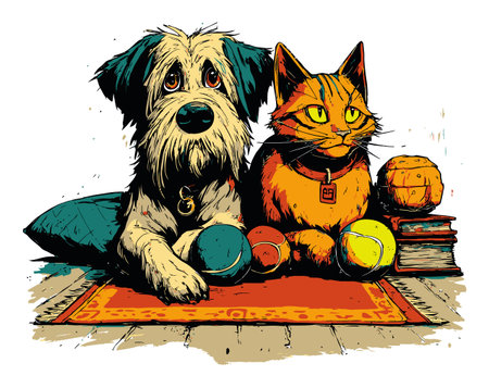 A whimsical illustration showcasing a dog and cat sitting together on a colorful rug with various toys, embodying the joy of companionship and playfulness in a cozy home setting.のイラスト素材