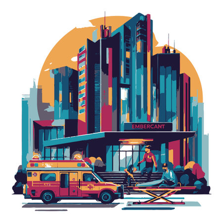Vibrant flat vector illustration of an ambulance in an urban setting. This artwork captures emergency medical services with characters responding to a situation.のイラスト素材