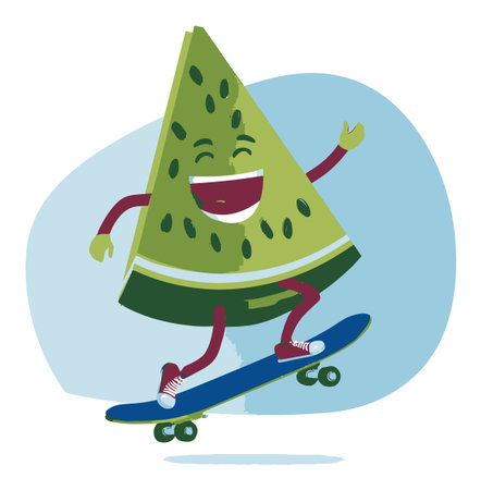 This vibrant illustration features a cheerful watermelon character skateboarding, expressing joy and fun. Perfect for summer-themed projects or playful designs.のイラスト素材