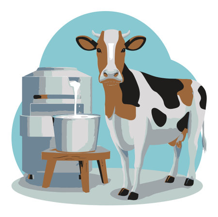 A charming flat vector illustration featuring a cow next to a milk bucket and churn, showcasing rural life and dairy farming culture. Perfect for various usages.のイラスト素材