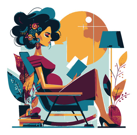 A vibrant flat vector illustration depicting a pregnant woman peacefully reading in a stylish living room. The artwork captures a cozy, modern atmosphere with decorative elements.のイラスト素材