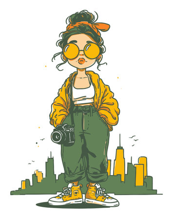 A lively illustration of a stylish young woman with a camera, set against an urban skyline. Dressed in trendy attire, she showcases youthful energy and creativity.のイラスト素材