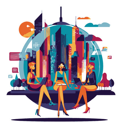 This animated flat vector illustration showcases three businesswomen collaborating in a vibrant city setting, embodying modern teamwork and innovation.のイラスト素材