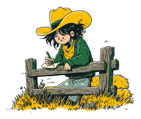 This hand-drawn illustration features a young cowgirl in a yellow hat, writing by a rustic fence amidst a grassy field. Her playful demeanor captures the essence of carefree childhood and creativity.のイラスト素材