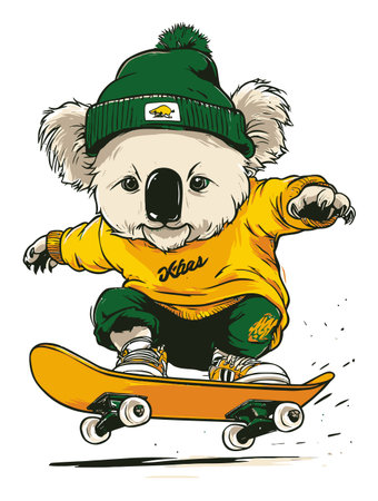 This vibrant illustration features a playful cartoon koala expertly skateboarding while wearing a cozy outfit and cap, embodying a joyful spirit and youthful energy.のイラスト素材