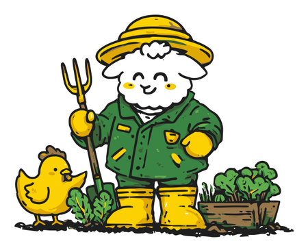This delightful illustration features a cheerful sheep character in farming attire, accompanied by a friendly chicken in a colorful garden. Perfect for childrens materials.のイラスト素材