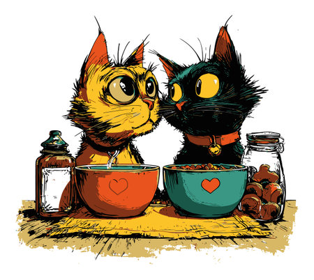 Two charming cats share a moment over their colorful food bowls adorned with hearts. This playful illustration captures the joy and companionship of these beloved pets.のイラスト素材