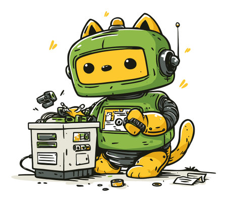 A charming illustration of a cute robot cat happily working on electronics in a whimsical and colorful style, perfect for creative projects and kids' themes.のイラスト素材