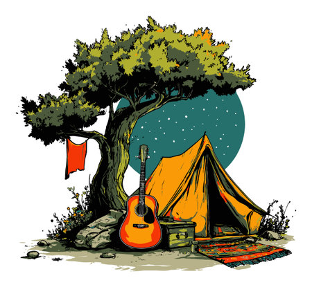 Explore a charming camping illustration featuring a vibrant tent, acoustic guitar, and a majestic tree under a starry night sky, perfect for outdoor lovers.のイラスト素材