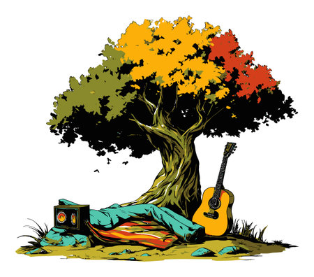 A vibrant illustration featuring a colorful autumn tree beside a cozy blanket and a guitar, evoking feelings of relaxation in a serene outdoor setting.のイラスト素材