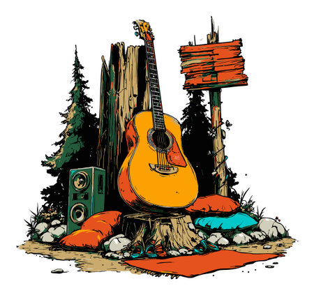 Explore the vibrant illustration of an acoustic guitar resting on a tree stump, surrounded by nature elements like cushions and a speaker, evoking a cozy camping vibe.のイラスト素材