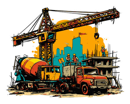 Dynamic illustration of a construction site showcasing a crane, trucks, and workers in a bustling urban environment, reflecting industry and teamwork.のイラスト素材