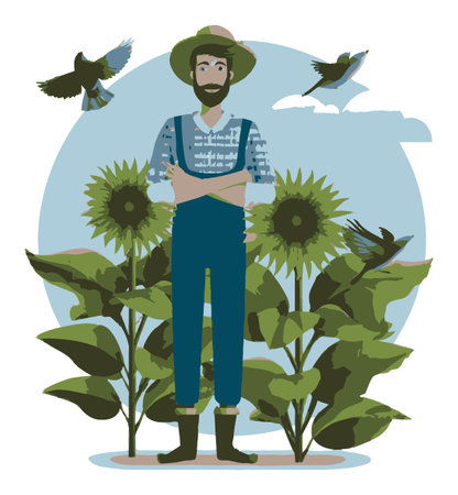 A flat vector illustration of a farmer standing confidently among tall sunflowers, surrounded by flying birds. This colorful art captures the essence of rural peace and agriculture.のイラスト素材