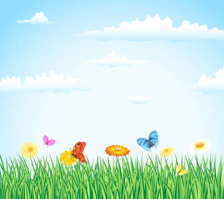 grass with flowers and buterfliesのイラスト素材