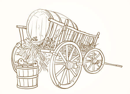 vintage cart with a barrel of wine and a bucketのイラスト素材