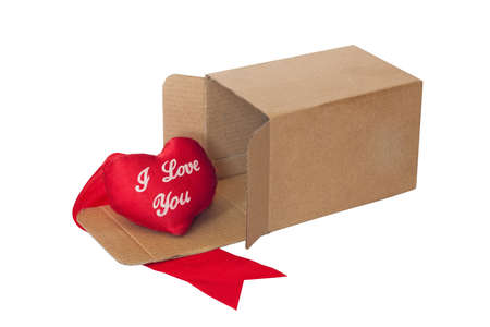open box and a red heart isolated on whiteの写真素材