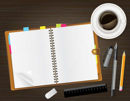 open notebook and cup of coffee のイラスト素材