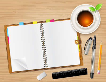 open notebook and cup of teaのイラスト素材