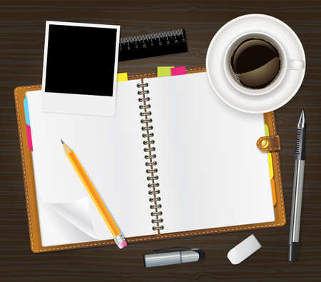 open notebook and cup of coffee のイラスト素材