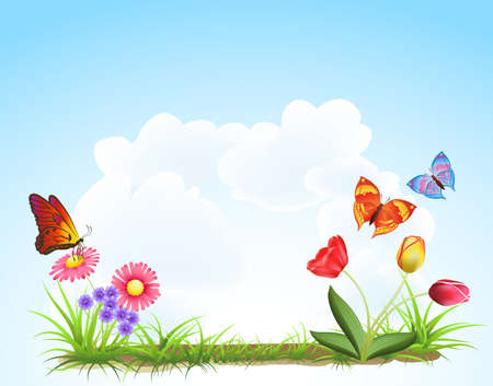  spring landscape with butterfly and flowerのイラスト素材