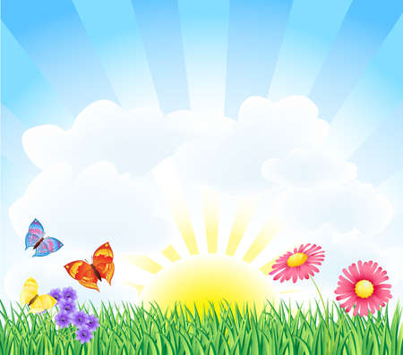 spring landscape with butterfly and flowerのイラスト素材