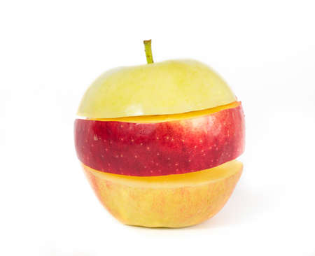 red with yellow apple on whiteの写真素材