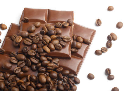 dark chocolate and coffee beans on white backgroundの写真素材