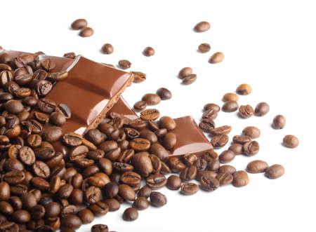 chocolate and coffee beans on white の写真素材