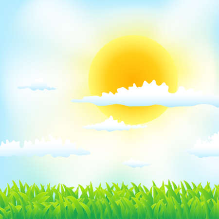 spring background with grass,sun and cloudsのイラスト素材