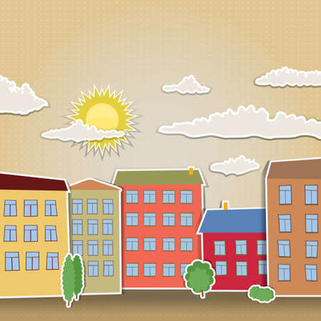 sunny day and retro houses stylizedのイラスト素材