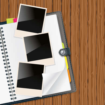 retro photo frames on open diary with wooden backgroundのイラスト素材