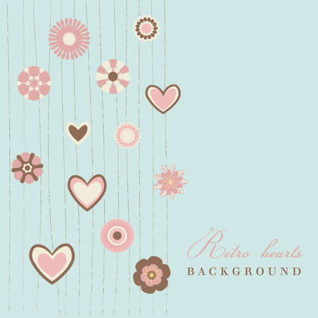 retro flowers with hearts blue backgroundのイラスト素材