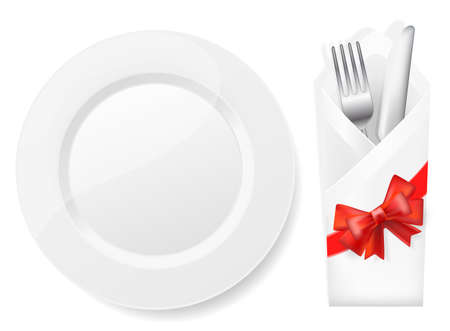 white plate,fork and knife in envelope with bowのイラスト素材