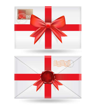 set of  envelopes with ribbons and wax sealのイラスト素材
