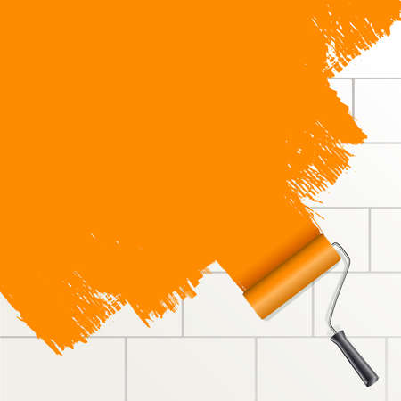 roller brush painting orange on a wall のイラスト素材
