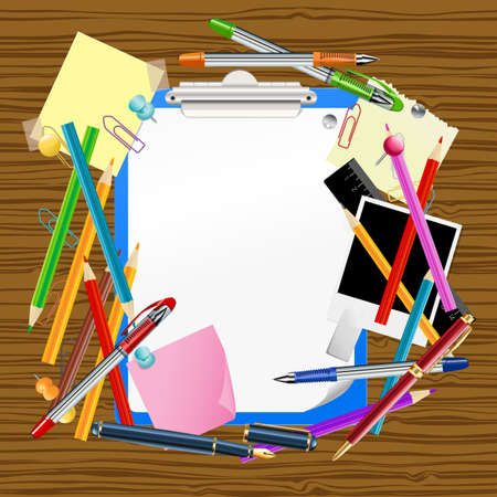 school background with clipboard and office suppliesのイラスト素材