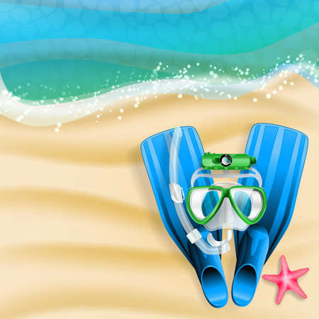 diving mask, cam, tube and starfish on beach backgroundのイラスト素材