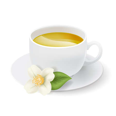 realistic white cup with herbal tea and jasmine flowerのイラスト素材