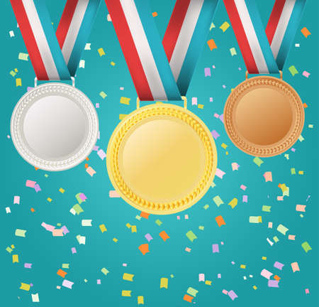 set of medals on confetti backgroundのイラスト素材