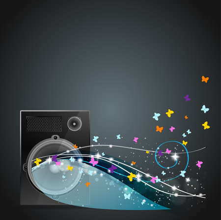speaker with flying butterflies and color raysのイラスト素材