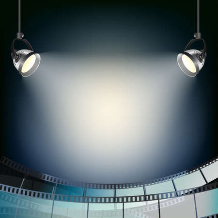 cinema blue background with spot lights and filmstripのイラスト素材
