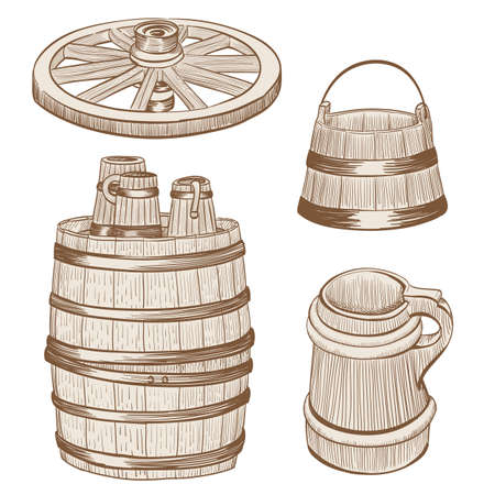 old wooden mugs, bucket, cart wheel, barrel drawingのイラスト素材