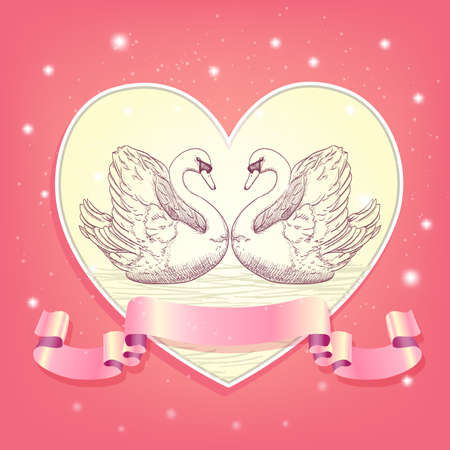 heart background with hearted swans and ribbonのイラスト素材