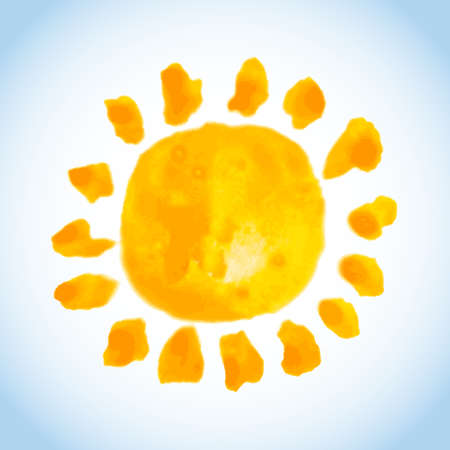 childish watercolor painting of bold sun on blue sky backgroundのイラスト素材